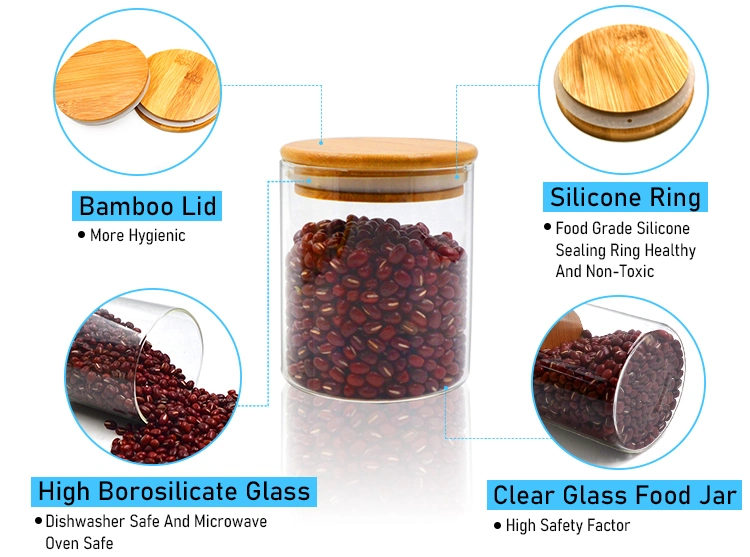 200ml 250ml 300ml 900ml 1500ml Round Borosilicate Airtight Kitchen Candy Cookies Food Container Packaging Glass Storage Jar Glassware with Bamboo Lids